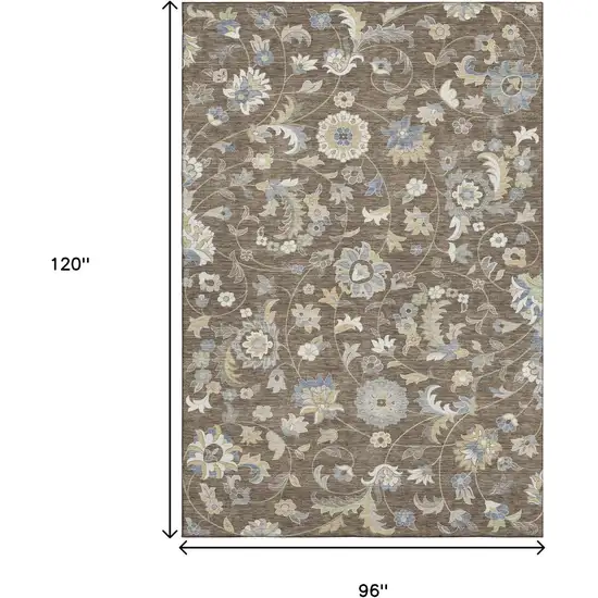 Chocolate Blue And Beige Floral Washable Area Rug With UV Protection Photo 9