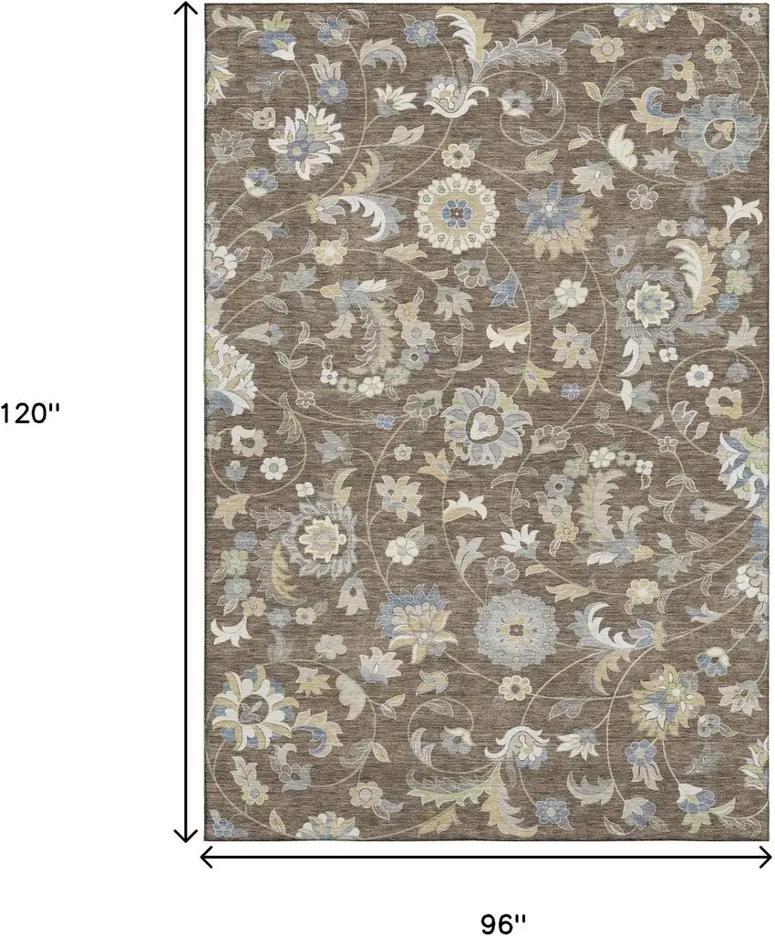 Chocolate Blue And Beige Floral Washable Area Rug With UV Protection Photo 9