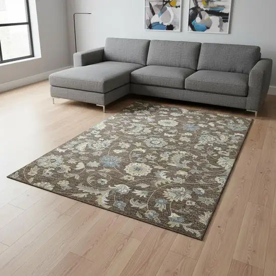 Chocolate Blue And Beige Floral Washable Area Rug With UV Protection Photo 2