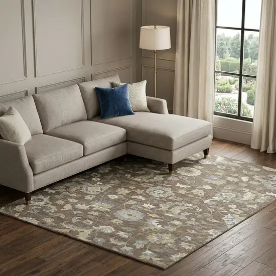 Chocolate Blue And Beige Floral Washable Area Rug With UV Protection Photo 1