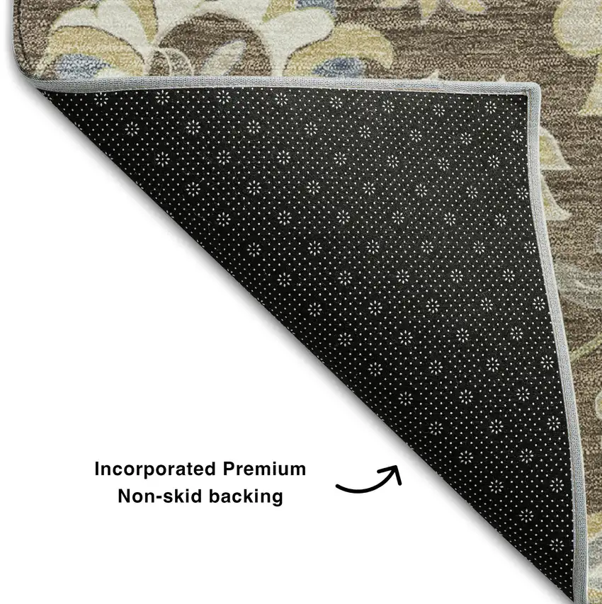 Chocolate Blue And Beige Floral Washable Area Rug With UV Protection Photo 5