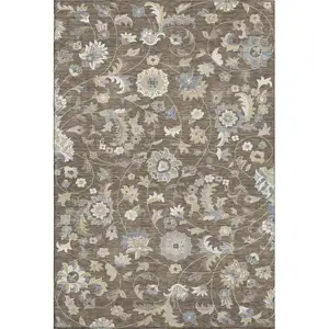 Photo of Chocolate Blue And Beige Floral Washable Area Rug With UV Protection