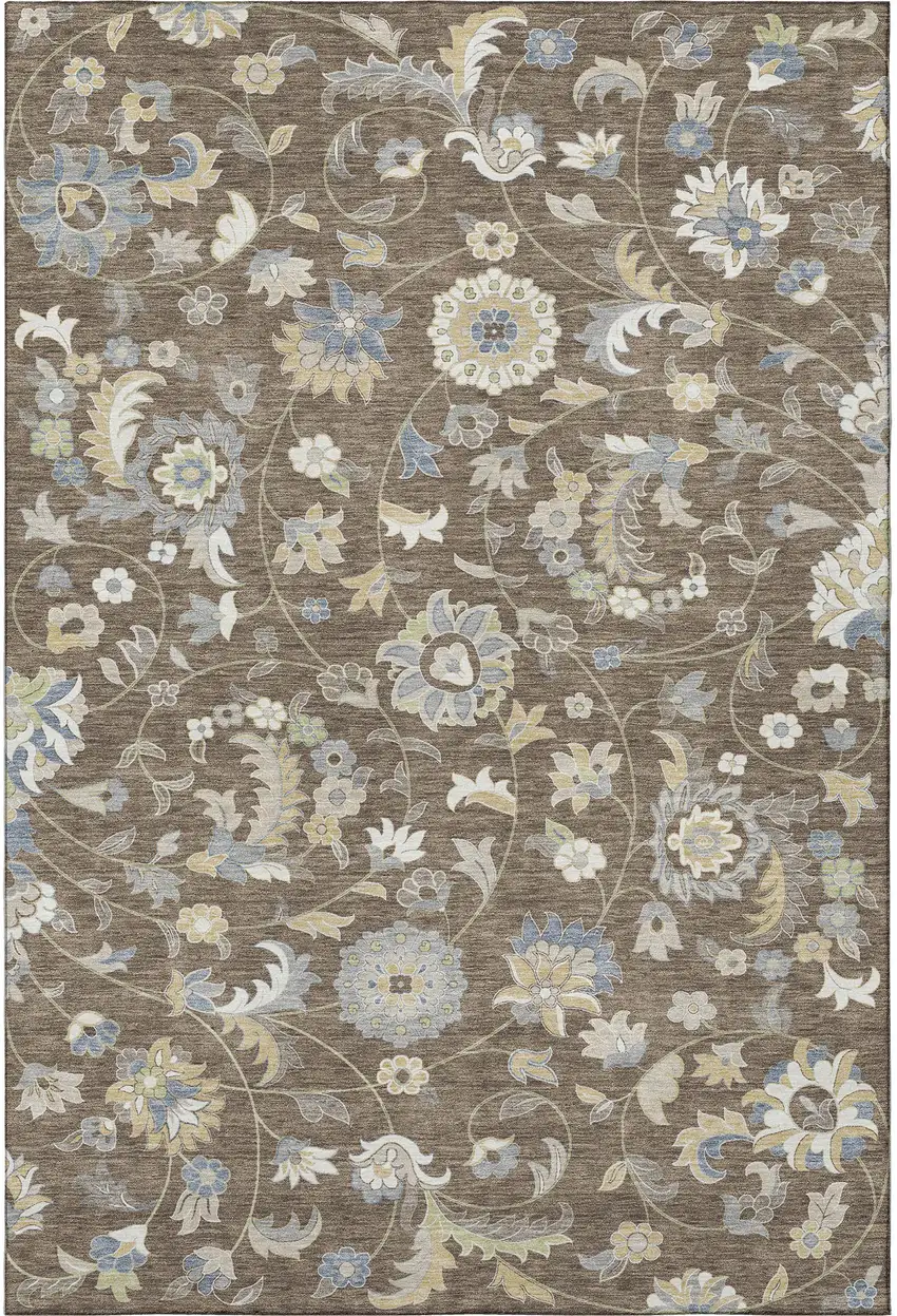 Chocolate Blue And Beige Floral Washable Area Rug With UV Protection Photo 3