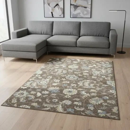 Chocolate Blue And Beige Floral Washable Area Rug With UV Protection Photo 2