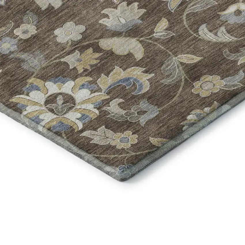 Chocolate Blue And Beige Floral Washable Area Rug With UV Protection Photo 7