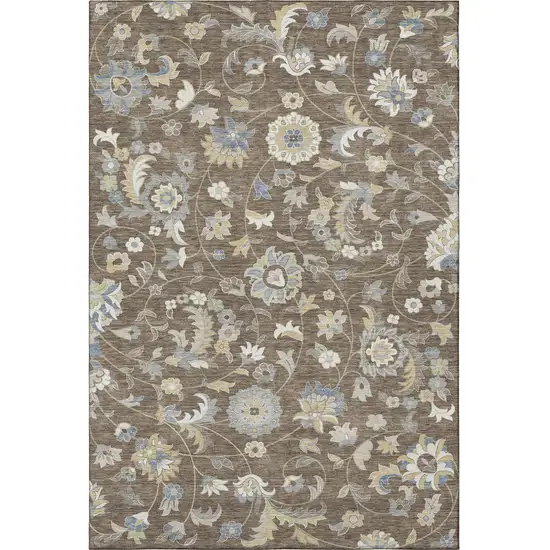 Chocolate Blue And Beige Floral Washable Area Rug With UV Protection Photo 3