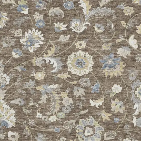 Chocolate Blue And Beige Floral Washable Area Rug With UV Protection Photo 2