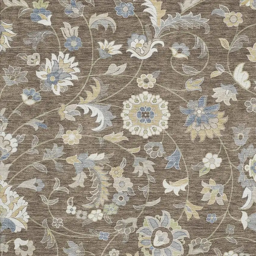 Chocolate Blue And Beige Floral Washable Area Rug With UV Protection Photo 2