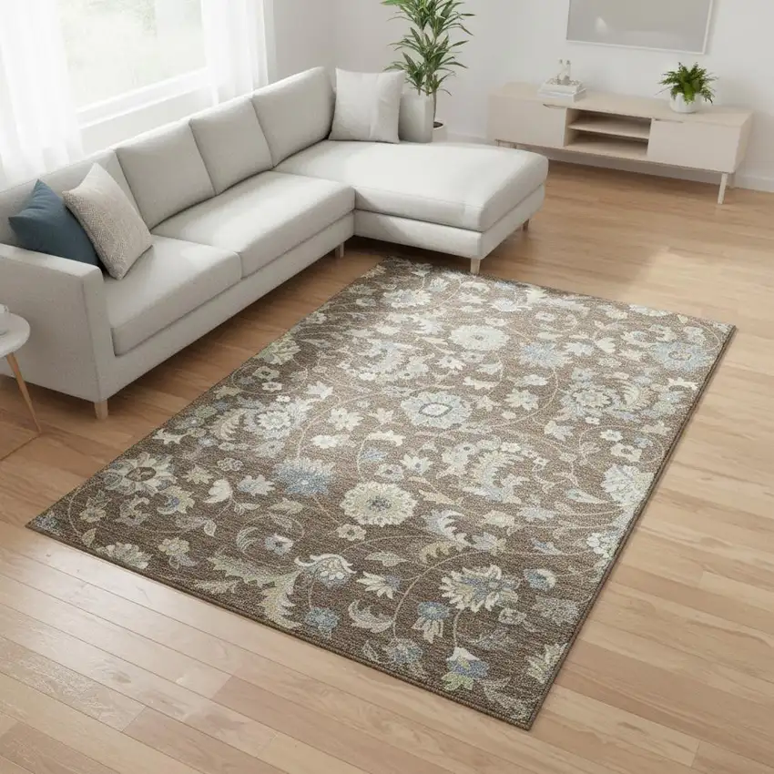 Chocolate Blue And Beige Floral Washable Area Rug With UV Protection Photo 2
