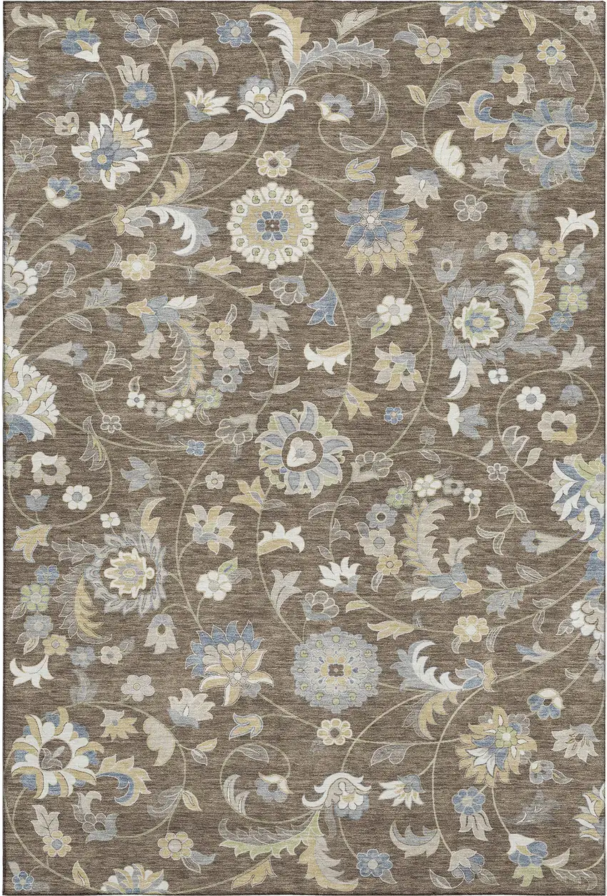 Chocolate Blue And Beige Floral Washable Area Rug With UV Protection Photo 1