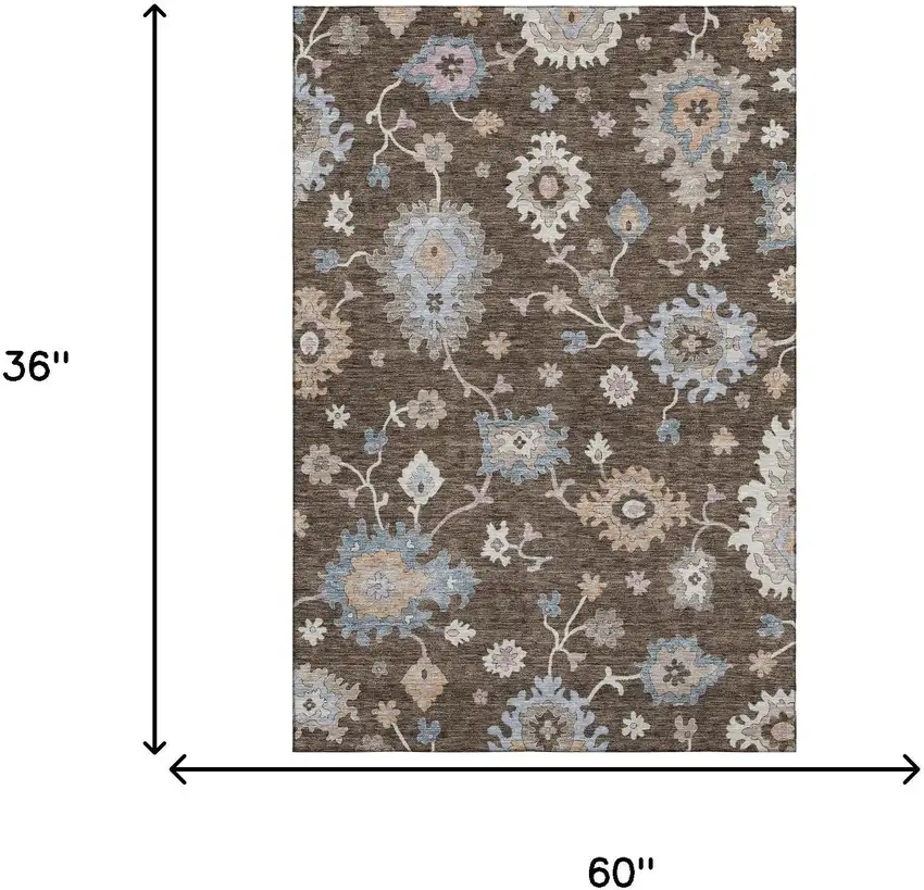 Chocolate Blue And Beige Floral Washable Area Rug With UV Protection Photo 3