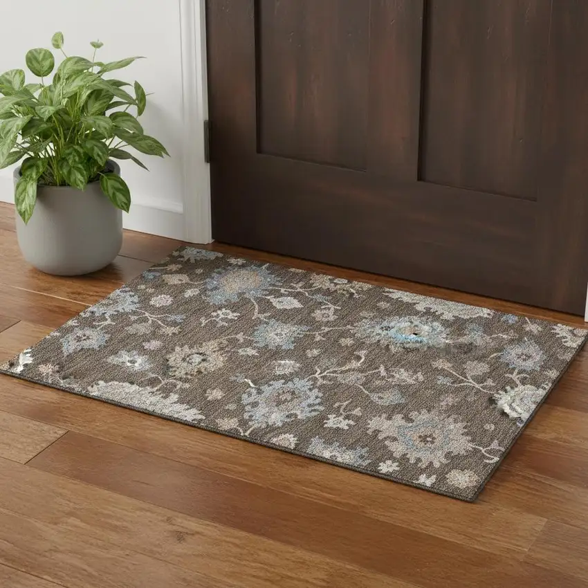 Chocolate Blue And Beige Floral Washable Area Rug With UV Protection Photo 1