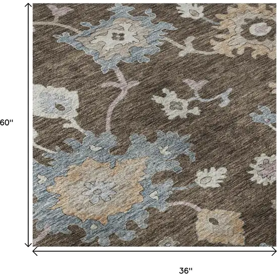 Chocolate Blue And Beige Floral Washable Area Rug With UV Protection Photo 9