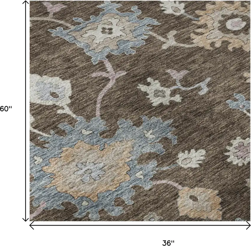Chocolate Blue And Beige Floral Washable Area Rug With UV Protection Photo 9