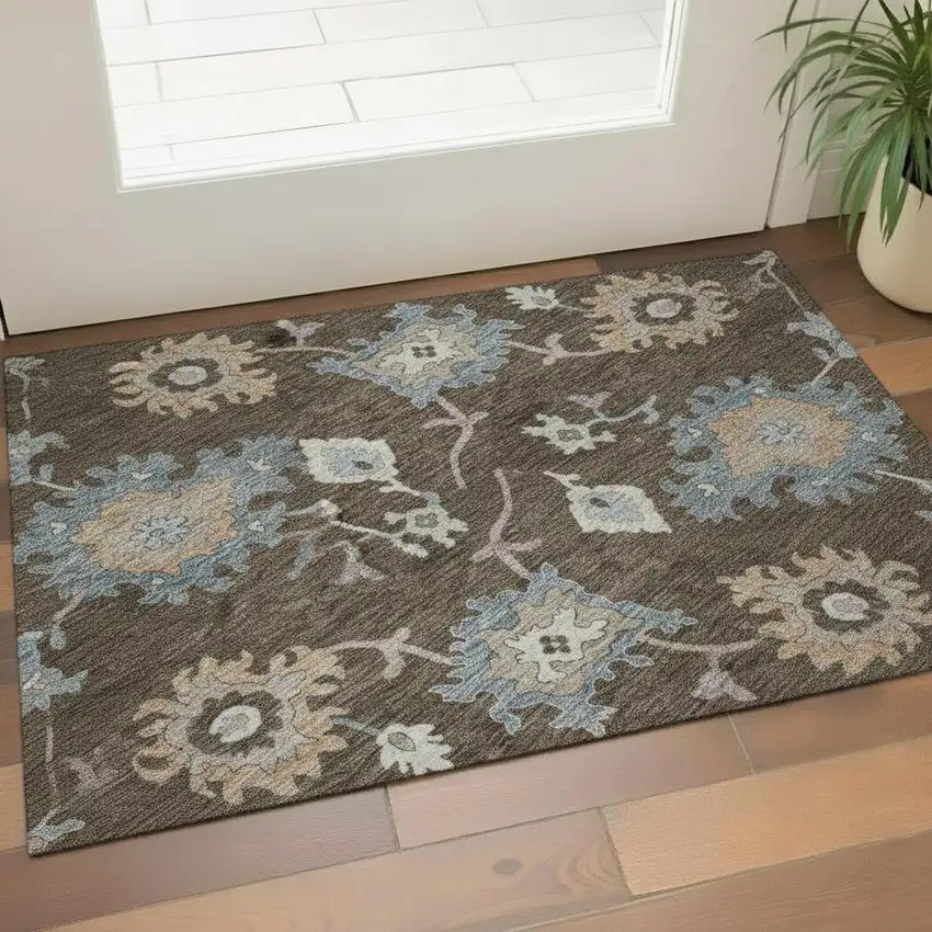 Chocolate Blue And Beige Floral Washable Area Rug With UV Protection Photo 2