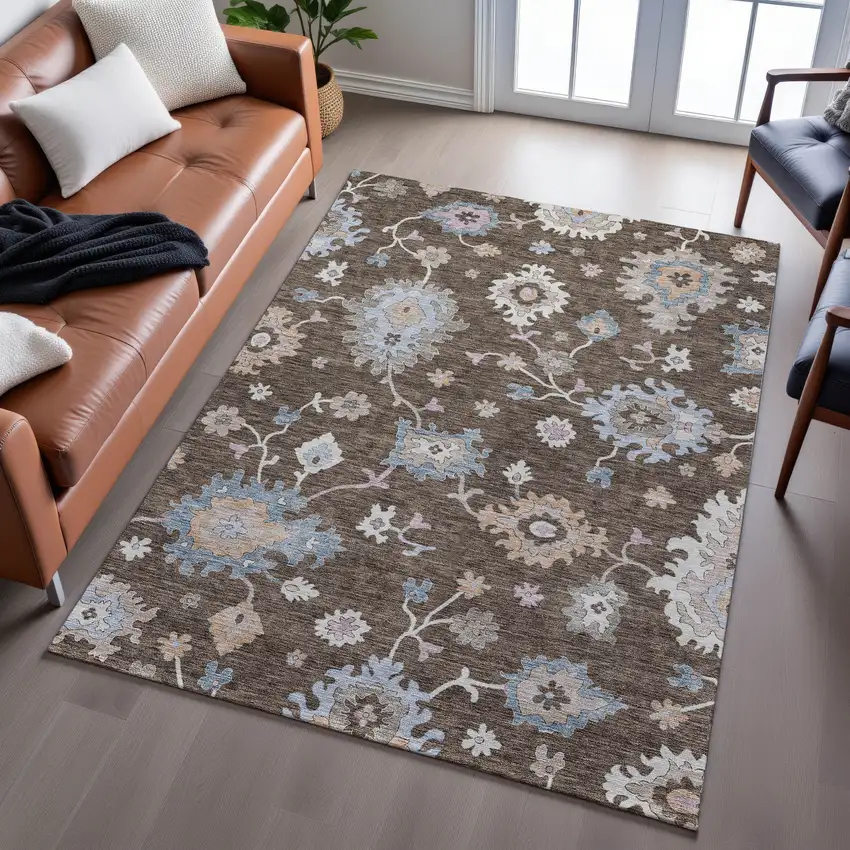 Chocolate Blue And Beige Floral Washable Area Rug With UV Protection Photo 4