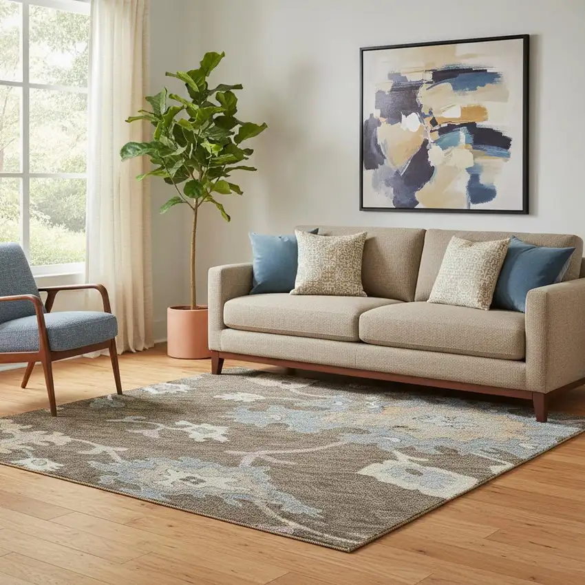 Chocolate Blue And Beige Floral Washable Area Rug With UV Protection Photo 2