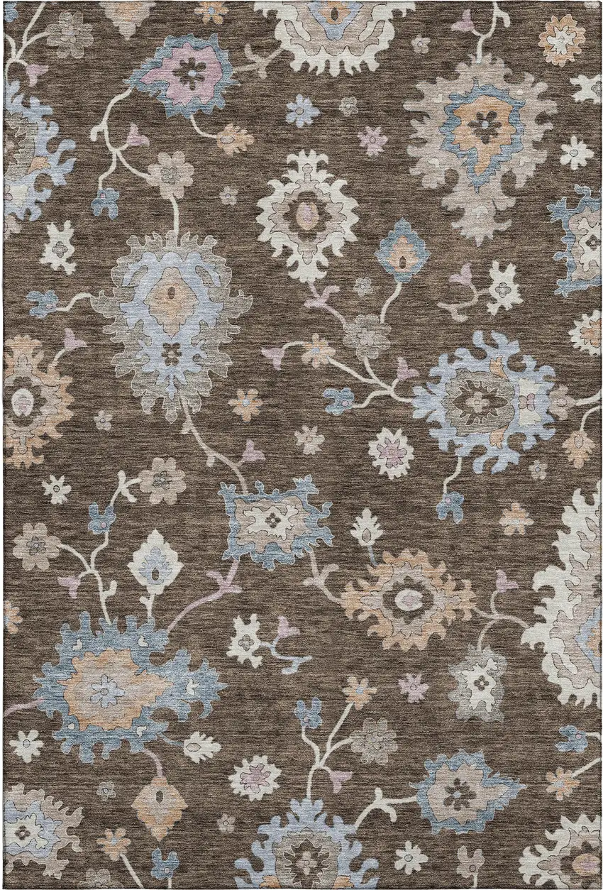 Chocolate Blue And Beige Floral Washable Area Rug With UV Protection Photo 5