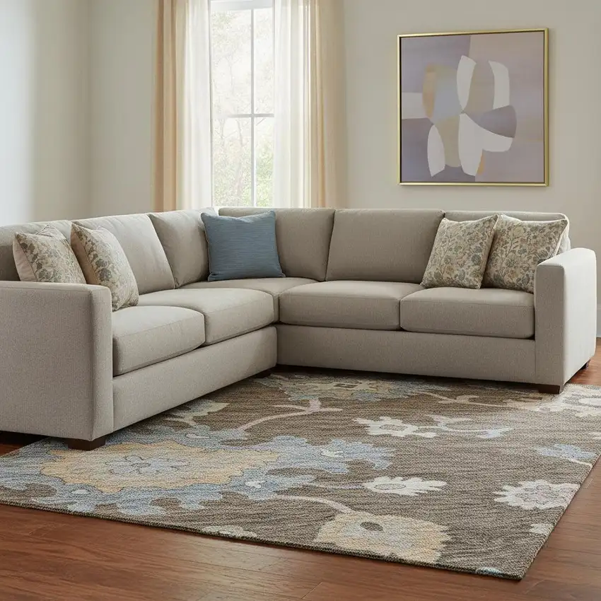 Chocolate Blue And Beige Floral Washable Area Rug With UV Protection Photo 2