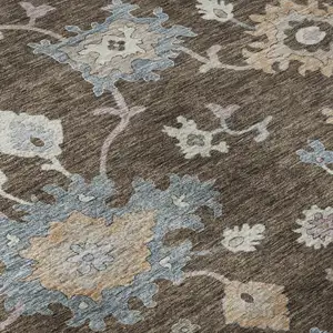 Photo of Chocolate Blue And Beige Floral Washable Area Rug With UV Protection