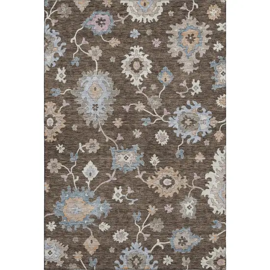 Chocolate Blue And Beige Floral Washable Area Rug With UV Protection Photo 6