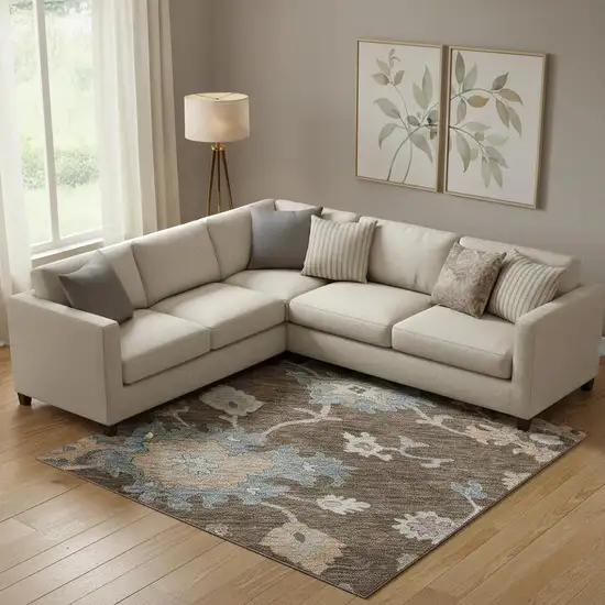 Chocolate Blue And Beige Floral Washable Area Rug With UV Protection Photo 2