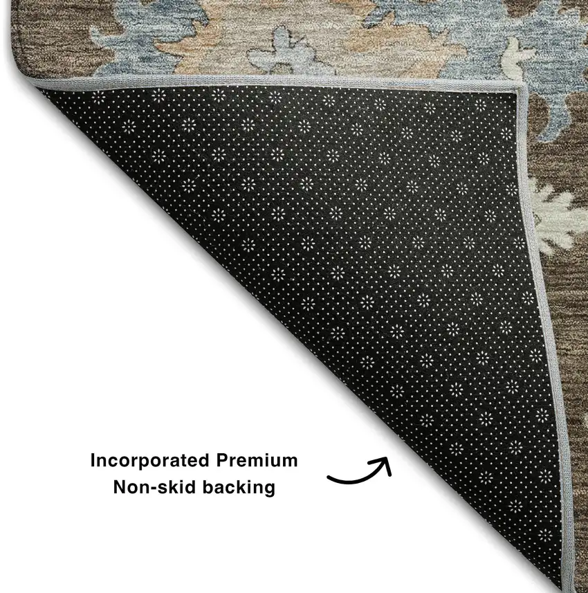 Chocolate Blue And Beige Floral Washable Area Rug With UV Protection Photo 7