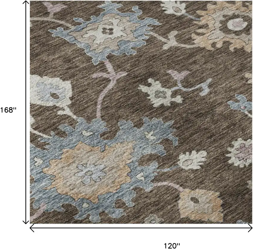 Chocolate Blue And Beige Floral Washable Area Rug With UV Protection Photo 9