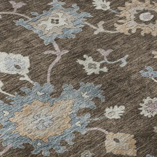 Chocolate Blue And Beige Floral Washable Area Rug With UV Protection Photo 1