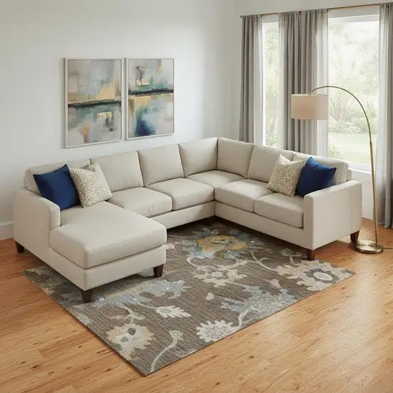 Chocolate Blue And Beige Floral Washable Area Rug With UV Protection Photo 2