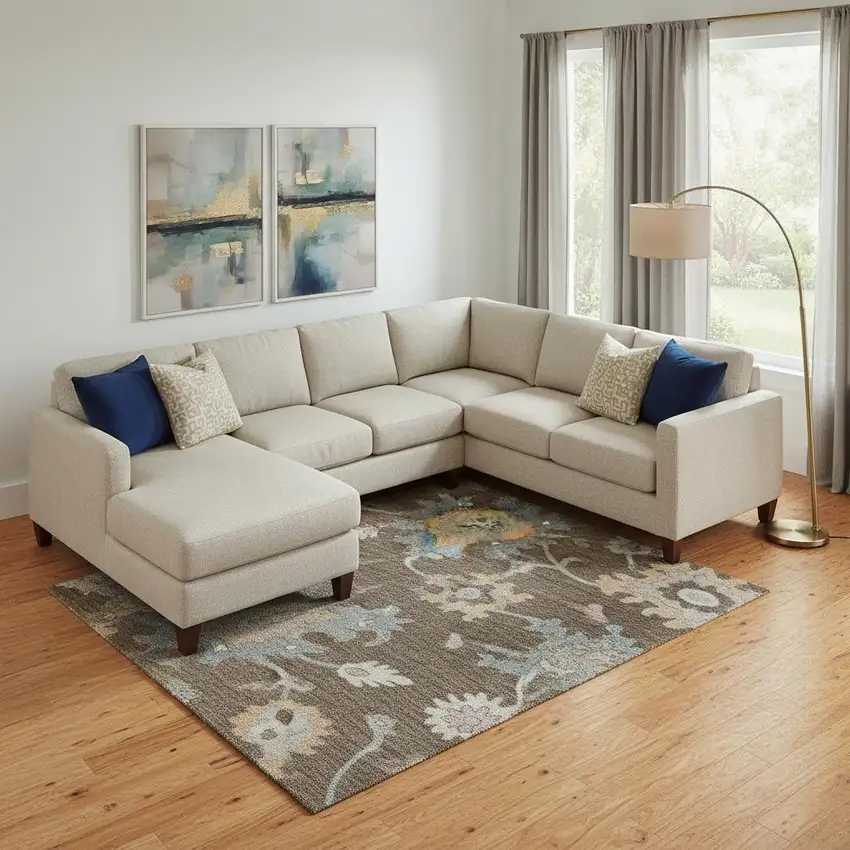 Chocolate Blue And Beige Floral Washable Area Rug With UV Protection Photo 2