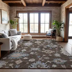 Photo of Chocolate Blue And Beige Floral Washable Area Rug With UV Protection