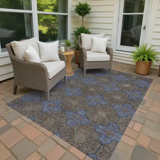 Chocolate Blue And Beige Quatrefoil Washable Indoor Outdoor Area Rug Photo 4