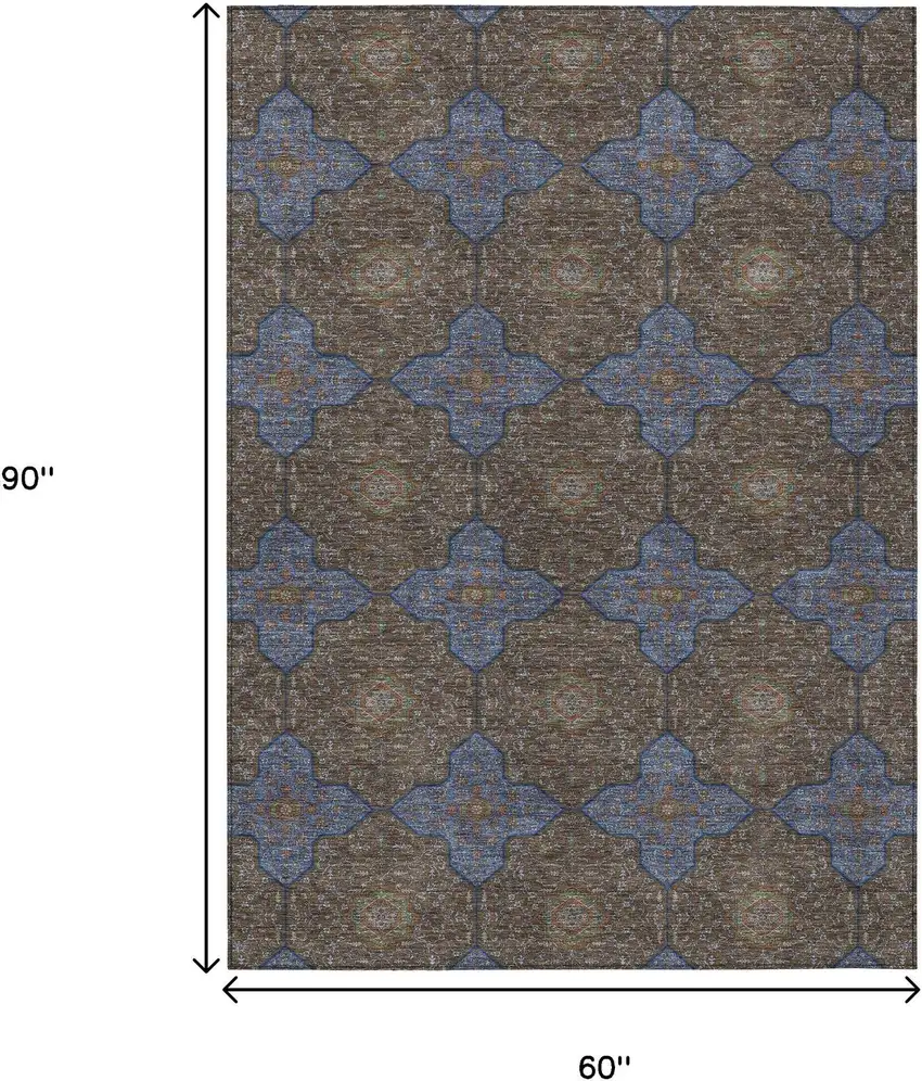 Chocolate Blue And Beige Quatrefoil Washable Indoor Outdoor Area Rug Photo 7