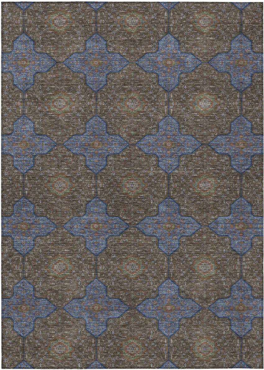Chocolate Blue And Beige Quatrefoil Washable Indoor Outdoor Area Rug Photo 1