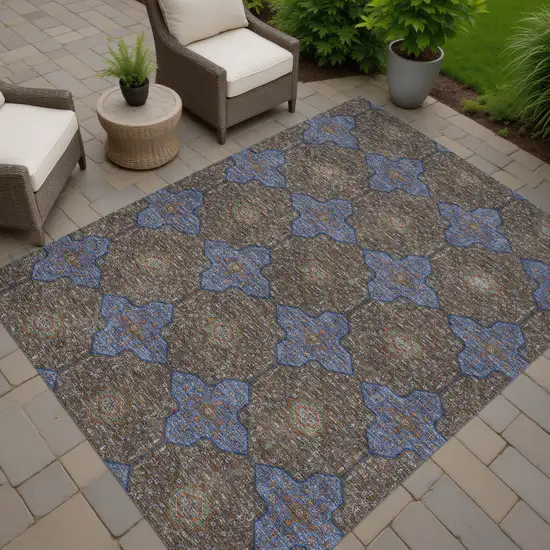 Chocolate Blue And Beige Quatrefoil Washable Indoor Outdoor Area Rug Photo 7
