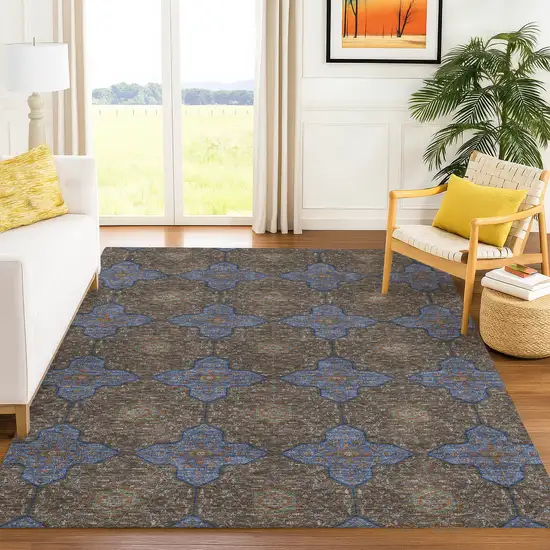 Chocolate Blue And Beige Quatrefoil Washable Indoor Outdoor Area Rug Photo 5