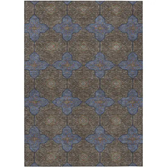 Chocolate Blue And Beige Quatrefoil Washable Indoor Outdoor Area Rug Photo 1