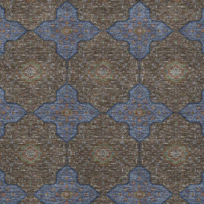 Chocolate Blue And Beige Quatrefoil Washable Indoor Outdoor Area Rug Photo 2