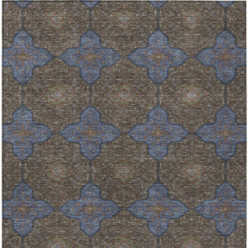 Chocolate Blue And Beige Quatrefoil Washable Indoor Outdoor Area Rug Photo 3