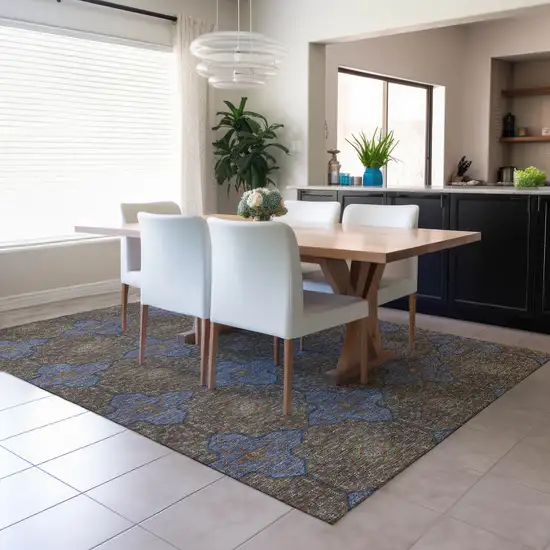 Chocolate Blue And Beige Quatrefoil Washable Indoor Outdoor Area Rug Photo 6