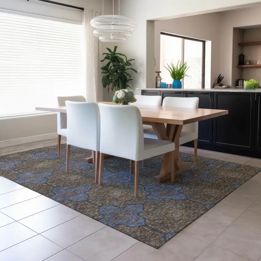 Chocolate Blue And Beige Quatrefoil Washable Indoor Outdoor Area Rug Photo 6