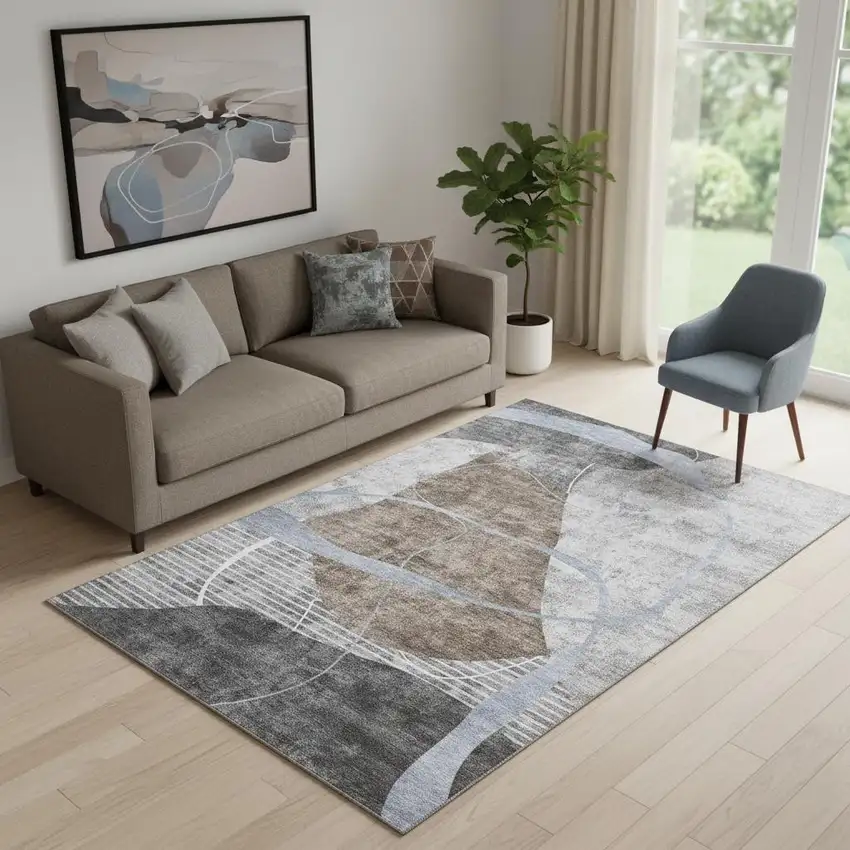 Chocolate Blue And Gray Abstract Geometric Washable Area Rug With UV Protection Photo 1