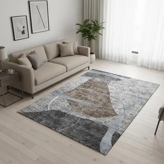 Chocolate Blue And Gray Abstract Geometric Washable Area Rug With UV Protection Photo 2