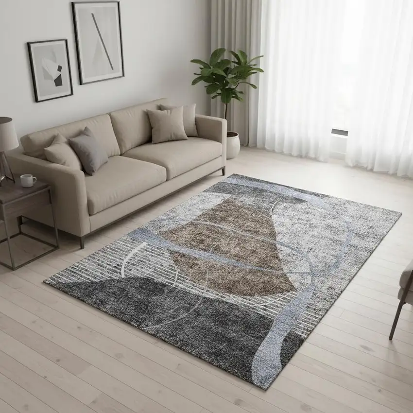 Chocolate Blue And Gray Abstract Geometric Washable Area Rug With UV Protection Photo 2