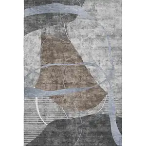 Photo of Chocolate Blue And Gray Abstract Geometric Washable Area Rug With UV Protection