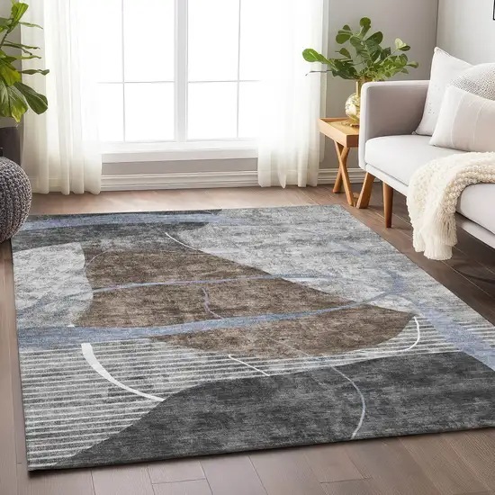 Chocolate Blue And Gray Abstract Geometric Washable Area Rug With UV Protection Photo 6