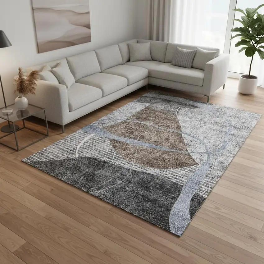 Chocolate Blue And Gray Abstract Geometric Washable Area Rug With UV Protection Photo 2