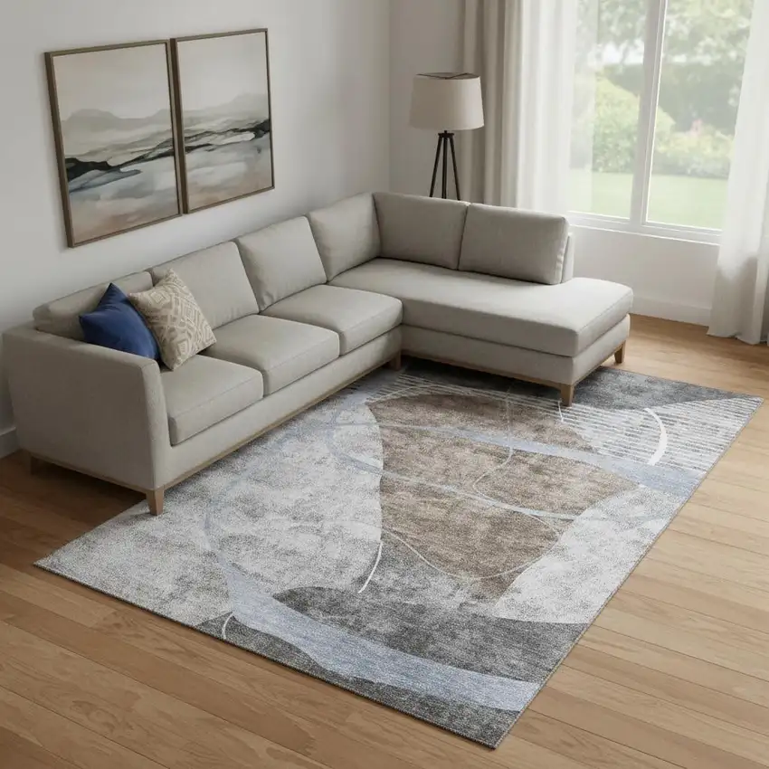 Chocolate Blue And Gray Abstract Geometric Washable Area Rug With UV Protection Photo 1