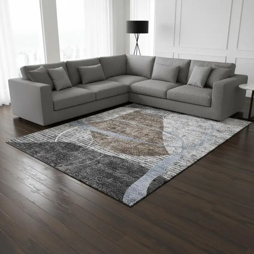 Chocolate Blue And Gray Abstract Geometric Washable Area Rug With UV Protection Photo 2